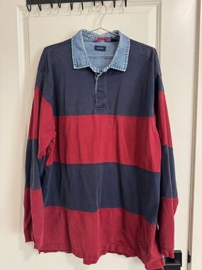 Izod Men’s Red and Navy Long-Sleeve Rugby Shirt with Denim Collar